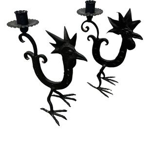 Set Of 2 Wrought Iron Rooster Candlestick Holder Horshoe Folk Art